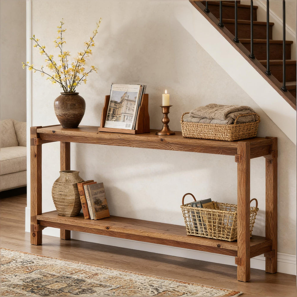 English Elm Practical Geometric Console Table with Matte Black Wood Grain Finish for Entryway or Sofa T3971P453086