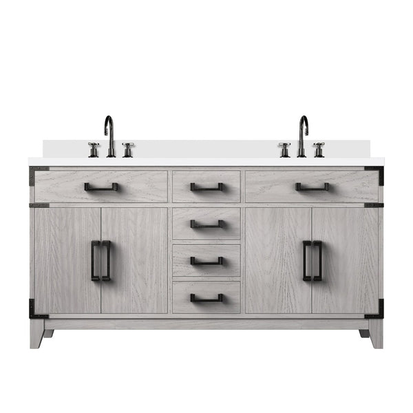 English Elm White Oak Double Bath Vanity 60" W X 22" D, White Quartz Top, Chrome Faucet & Ample Storage Options B2731P259876-GIGA