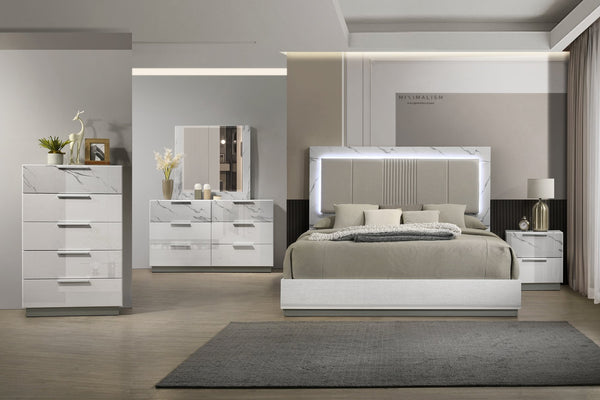 English Elm Mist King 5-Piece Bedroom Set - Luxe Two-Tone Marble Finish, Led Lighting & Velvet Storage Drawers B009S01589