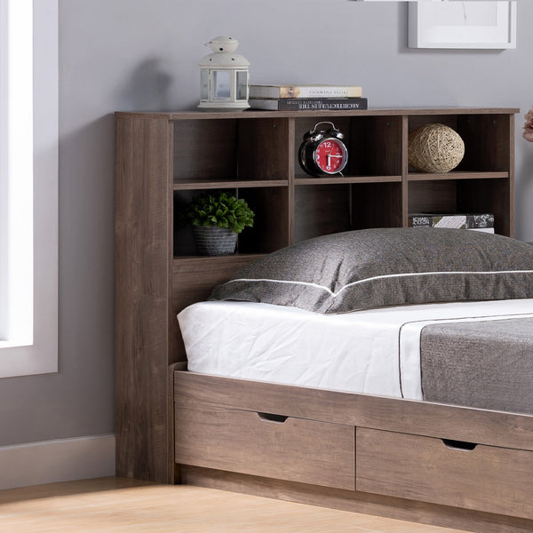 English Elm Full Hazelnut Bookcase Headboard with Six Shelves & 3 Adjustable, Rounded Top Panel, Compact 59.25" L Storage Solution B107P243252