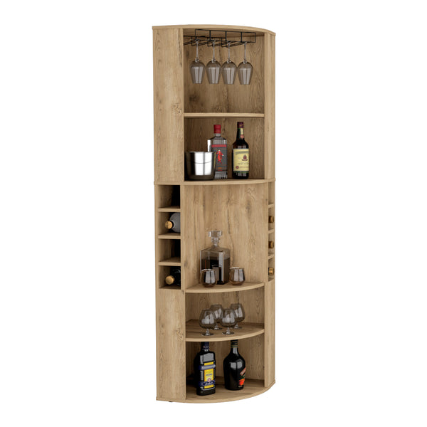 English Elm Oban Corner Bar Cabinet with Five Shelves, Eight Bottle Cubbies and Space-Saving Tall Storage Design Beige 45 L x 23 W x 4 H B070S00252