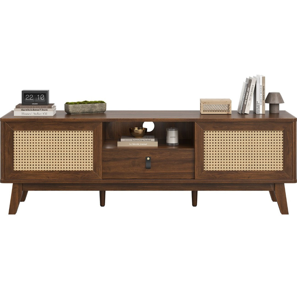 English Elm Rattan Mid Century Modern Tv Stand – Stylish Wood Media Console With Storage & Cable Management Solutions T3623P380543-GIGA