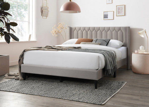 English Elm Modern Burlap Platform Bed Queen with Geometric Diamond Tufted Headboard, Sleek No-Box Spring Design Light Brown 66 L x 23 W x 9 H B011P238959