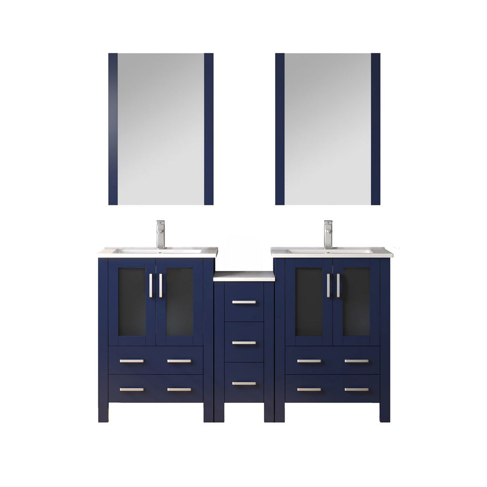 English Elm Navy Double Bath Vanity 60"W x18.25"D with Side Cabinet, Chrome Faucet, White Ceramic Top, Mirrors B2731S01211