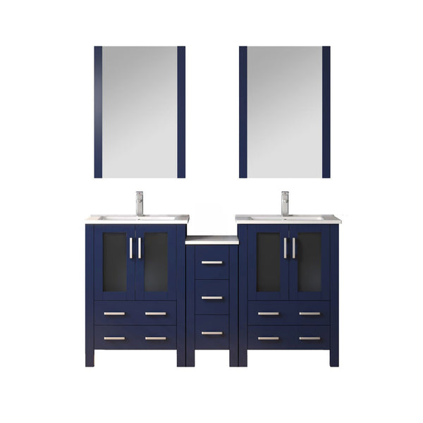 English Elm Navy Double Bath Vanity 60"W x18.25"D with Side Cabinet, Chrome Faucet, White Ceramic Top, Mirrors B2731S01211