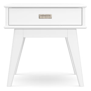 English Elm Draper Mid Century End Table White Solid Rubberwood 22"H | Drawer with Antique Brass Pull, Tapered Legs B136P203447