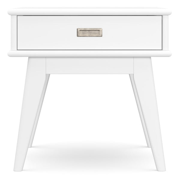 English Elm Draper Mid Century End Table White Solid Rubberwood 22"H | Drawer with Antique Brass Pull, Tapered Legs B136P203447