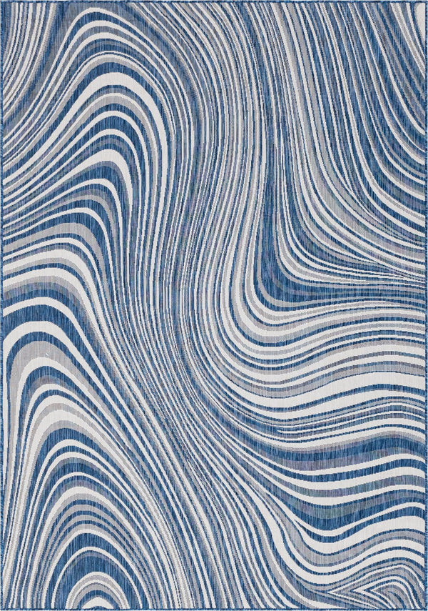 Unique Loom Outdoor Modern Pool Machine Made Abstract Rug Blue, Ivory/Navy Blue 7' 1" x 10' 0"