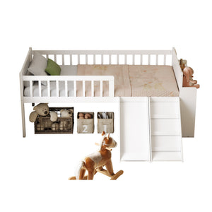 English Elm Twin Platform Kids Bed with Slide Ladder Guardrails Storage Shelf Wood Frame White N733S415411K