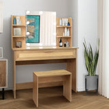 English Elm Vanity Desk Set Stool & Dressing Table With Led Lighting Mirror Drawer and Compartments Modern Wood Cosmetic Table Chest Of Drawers Nature Color