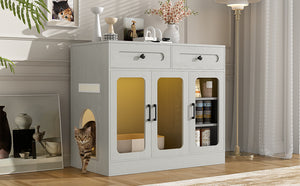 English Elm Cat Litter Box Cabinet with Glass Doors Led Light Drawers and Wood Grain Finish Gray N704P395520E