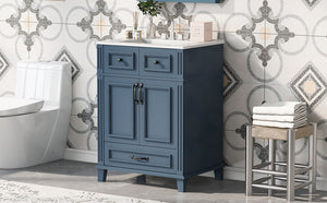 English Elm 24'' Retro Bathroom Vanity Solid Rubberwood Frame Ceramic Sink Soft Close Storage Blue N710P405405C