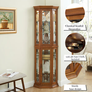 English Elm Lighted Corner Curio Cabinet - Elegant Display Shelf With Adjustable Glass Shelves & Ambient Lighting W1758P300137