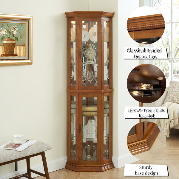 English Elm Lighted Corner Curio Cabinet - Elegant Display Shelf With Adjustable Glass Shelves & Ambient Lighting W1758P300137
