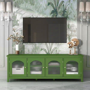 English Elm 71-inch Antique Green TV Console Table with Solid Wood Frame, Changhong Glass Doors & Metal Handles — Stylish Media Center for Bedroom or Kids' Room (74.8x22.05x7.87) W67966833