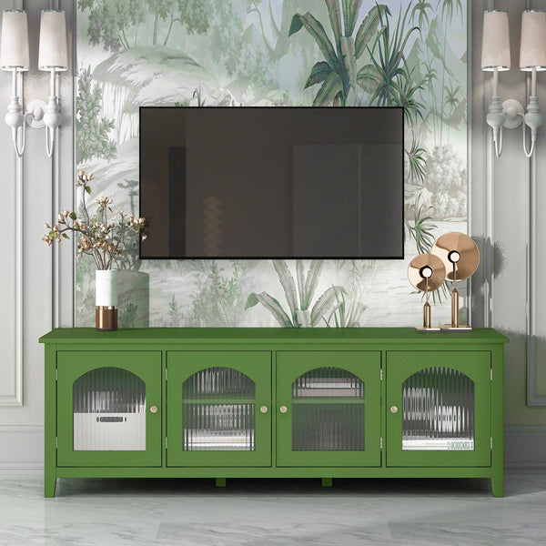 English Elm 71-inch Antique Green TV Console Table with Solid Wood Frame, Changhong Glass Doors & Metal Handles — Stylish Media Center for Bedroom or Kids' Room (74.8x22.05x7.87) W67966833