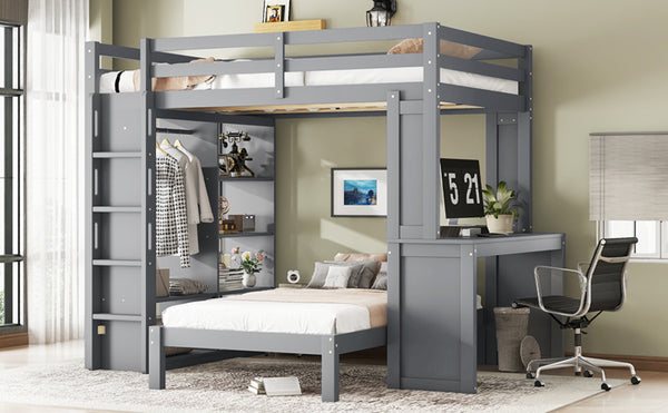 English Elm Full Solid Wood Loft Bed with Removable Lower Bed, Built-In Desk, Shelves & Wardrobe for Space-Saving Designs Grey W1580S00212