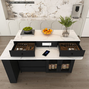 English Elm Kitchen Island Marble Veneer Retro Style Rotating Expandable Top Built-in Outlets Mdf Black W2700S00119