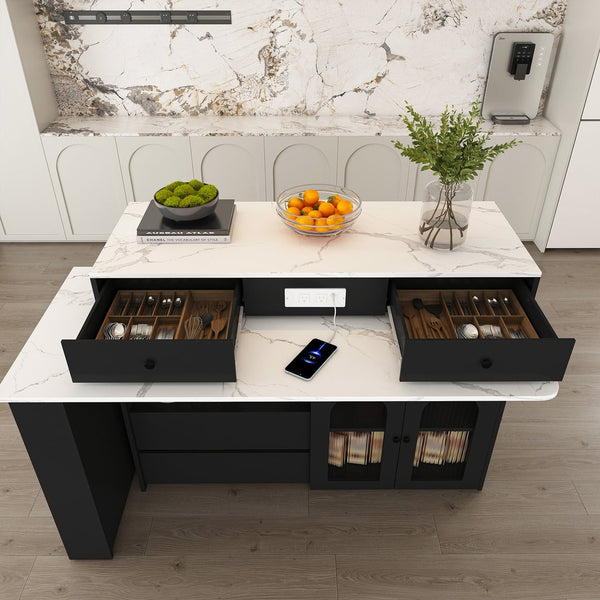 English Elm Kitchen Island Marble Veneer Retro Style Rotating Expandable Top Built-in Outlets Mdf Black W2700S00119