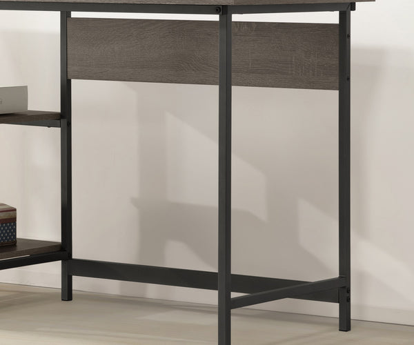 English Elm Weathered Gray Desk with Metal Accents — Space-Saving Open MDF Design, 2 Storage Shelves for Organizing B2699P237458