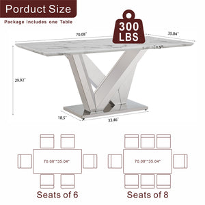English Elm Marble Dining Table For 6 - Modern 70'' Rectangle Faux Marble Top With Mirrored Stainless Steel Base W3456S00042