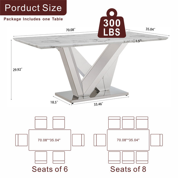 English Elm Marble Dining Table For 6 - Modern 70'' Rectangle Faux Marble Top With Mirrored Stainless Steel Base W3456S00042