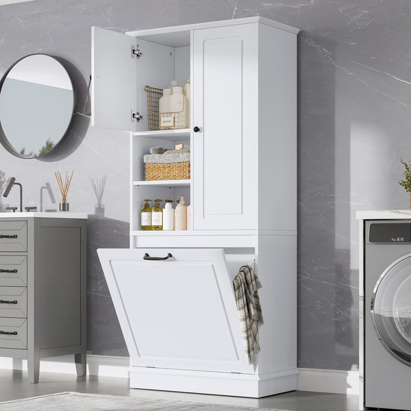 English Elm Tall Storage Cabinet with Flip-Out Basket, Adjustable Shelves & Aluminum Handles for Organized Living White N725P322739K
