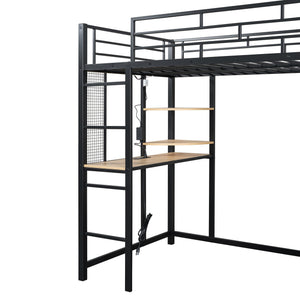 English Elm Twin Loft Bed with Built-In Desk, LED Light Strip, Power Outlet & Fabric Wardrobe for Small Rooms Black SF000178AAB