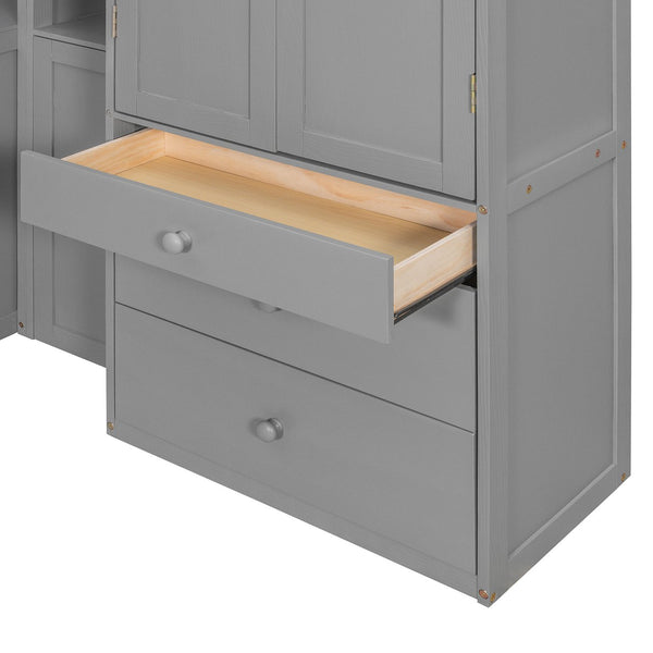 English Elm Wooden Twin Loft Bed with Built-in Desk Wardrobe Storage Drawers and Led Lighting N820S00069E