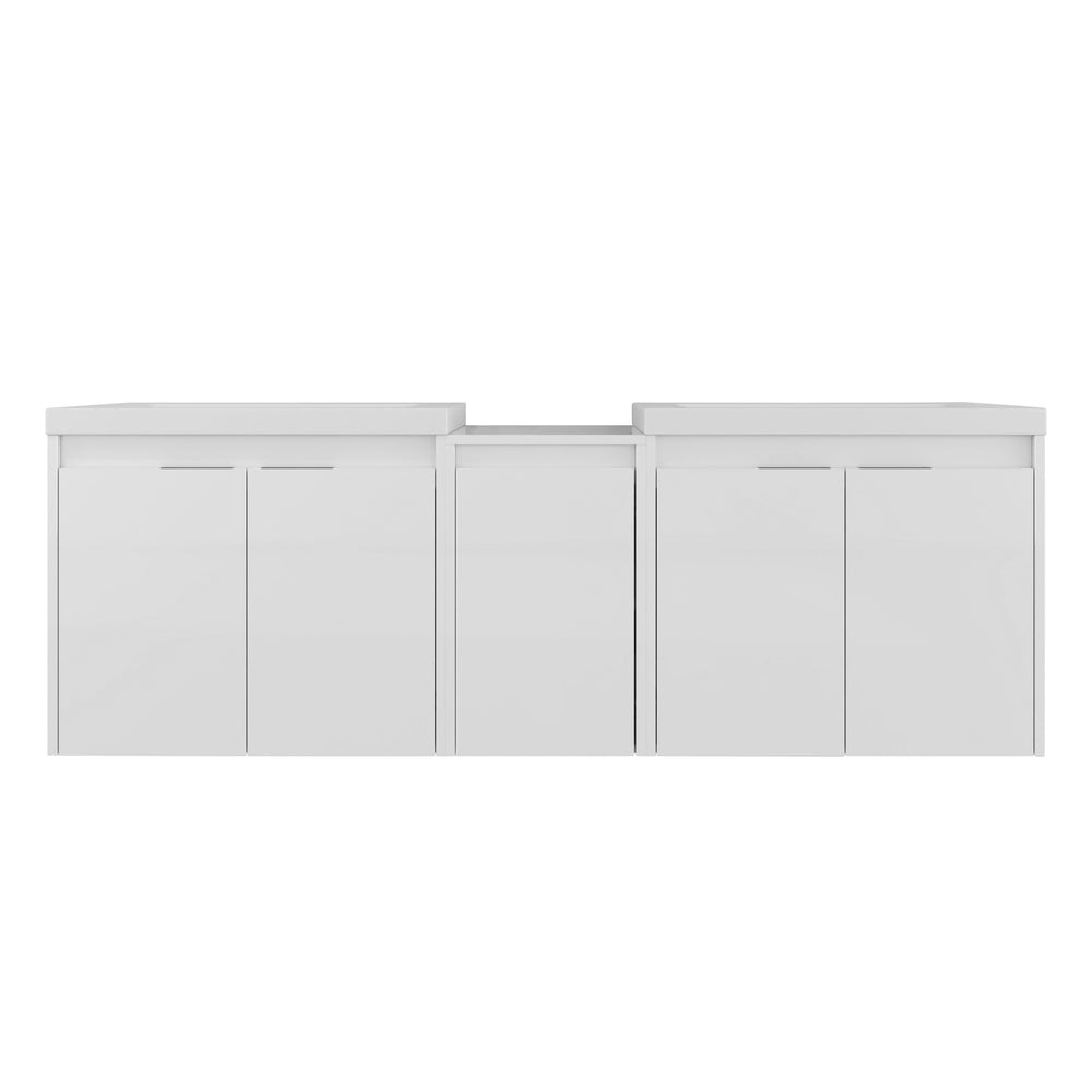 English Elm 60" Modern Wall-Mounted Bathroom Vanity with Resin Sink, Soft-Close Doors, Side Cabinet, Glossy White W999S00423