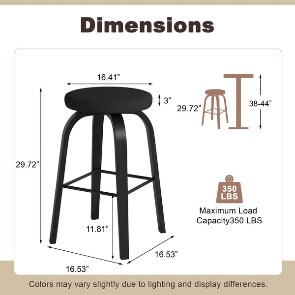 English Elm Swivel Backless Counter Stools Set of 2 with Fabric Seat Bentwood Legs Mid-century Modern Black W3107P446849