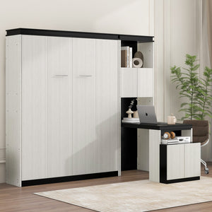 English Elm Full Full Size Murphy Bed with Desk, Shelves & Cabinets in Black+White — Space-Saving, Sturdy Design GX002042AAE