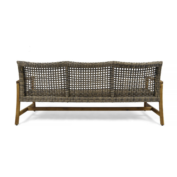 English Elm Christopher Knight Home® - HAMPTON Wood + Wicker 3 Seater Sofa – Acacia Wood Frame, Iron Support, Weather-Resistant Large Seat 60395.00WTC