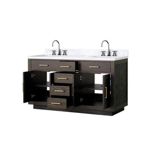 English Elm Brown Oak Double Bath Vanity: 60" Carrara Marble Top, Chrome Faucets, Soft-Close Storage Solution B2731P257734