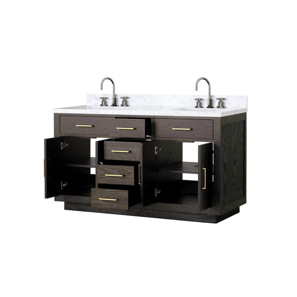 English Elm Brown Oak Double Bath Vanity: 60" Carrara Marble Top, Chrome Faucets, Soft-Close Storage Solution B2731P257734
