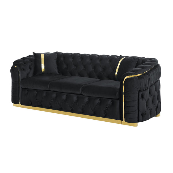 English Elm 2pcs Italian Velvet Chesterfield Sofa Set Tufted Three Seater with Gold Steel Legs W1191S00042