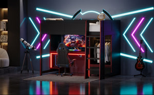 English Elm Wood Twin Gaming Loft Bed with Desk, Wardrobe, LED Lighting & Drawer — Space-Saving Black Red Accent, 400lb Capacity N7090004010B