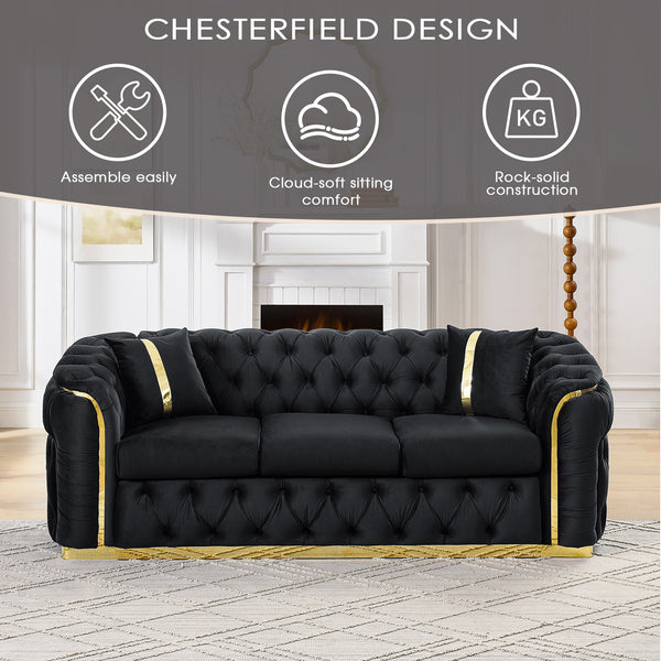 English Elm 2pcs Italian Velvet Chesterfield Sofa Set Tufted Three Seater with Gold Steel Legs W1191S00069