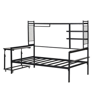English Elm Twin Metal Daybed With Movable Desk, Shelves, Clothes Hanger & Industrial Design For Small Spaces N737P199195B-GIGA