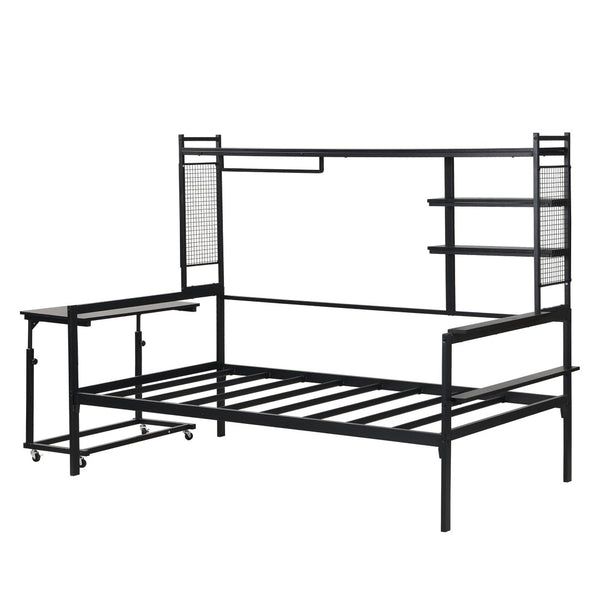 English Elm Twin Metal Daybed With Movable Desk, Shelves, Clothes Hanger & Industrial Design For Small Spaces N737P199195B-GIGA