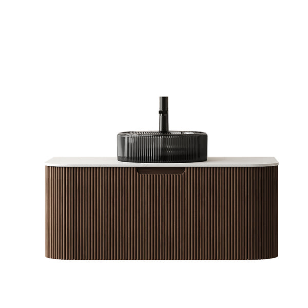 English Elm Dina Floating Bathroom Vanity Sintered Stone Top Glass Basin Striped Plywood Cabinet W2615S00424