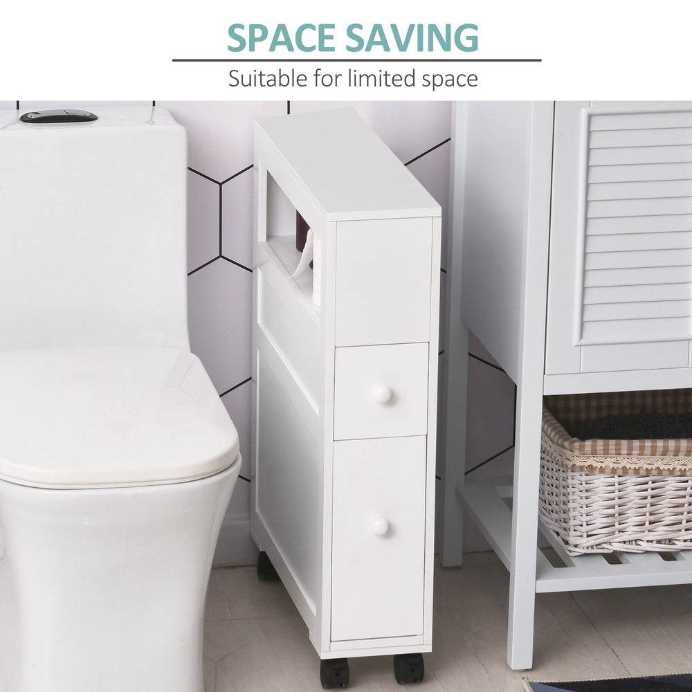 English Elm HOMCOM Slim Rolling Bathroom Cabinet with Shelf & 2 Drawers, Locking Wheels, MDF 6.25"x20.5"x28.25" W2225P216996