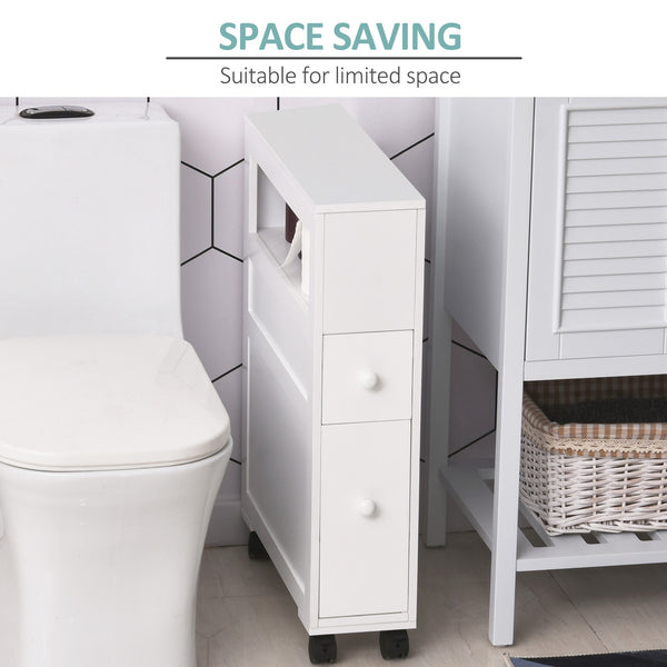 English Elm HOMCOM Slim Rolling Bathroom Cabinet with Shelf & 2 Drawers, Locking Wheels, MDF 6.25"x20.5"x28.25" W2225P216996