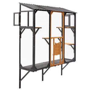 English Elm Outdoor Fir Wood Window Catio Enclosure with Four Climbing Platforms for Cats Black,Brown N719P418371D