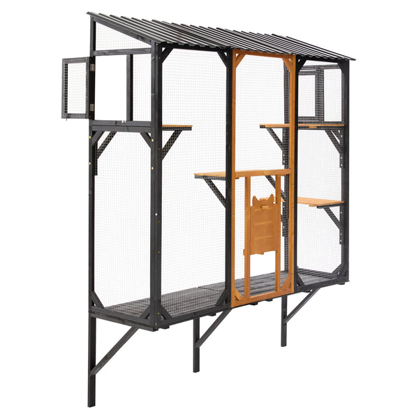 English Elm Outdoor Fir Wood Window Catio Enclosure with Four Climbing Platforms for Cats Black,Brown N719P418371D