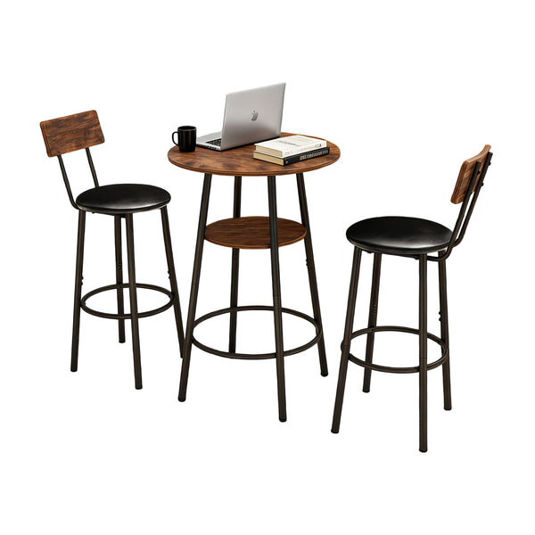 English Elm 3 Piece Bar Height Dining Set with Two Tier Storage and Pu Upholstered Stools Rustic W3204P428254