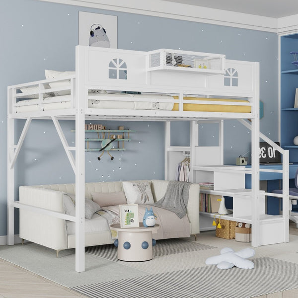 English Elm Queen Size Loft Bed With House-Shaped Guardrails, Stairs & Wardrobe - Perfect For Kids & Teens! W2593S00038-GIGA