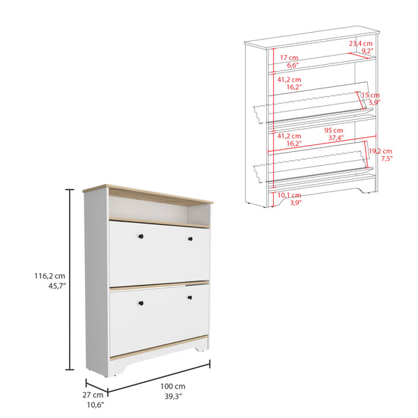 English Elm Calgary Shoe Rack with Superior Top, Concealed Upturned Drawers & Open Display Shelf, Light Oak/Wood Finish B20092079