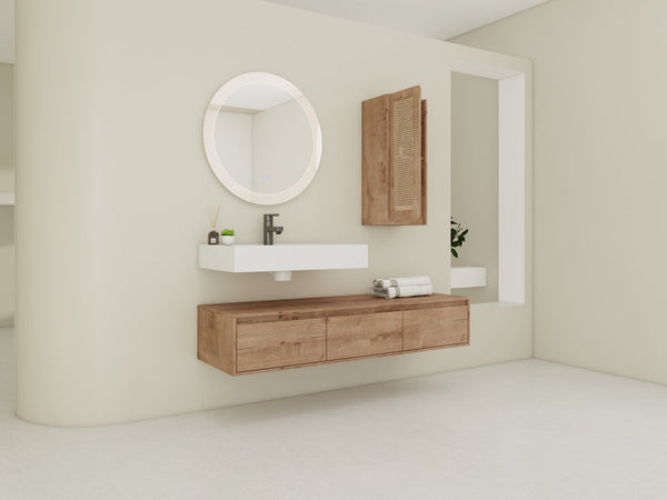 English Elm 60 Inch Wall-Mounted Bathroom Vanity Set With Resin Sink, Soft-Close Drawers & Side Cabinet Storage W999S00357