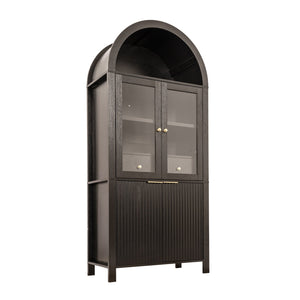 English Elm 71" Arched Glass Barn Door Pantry Cabinet Farmhouse Mdf Storage for Kitchen Dining Black W2917S00014